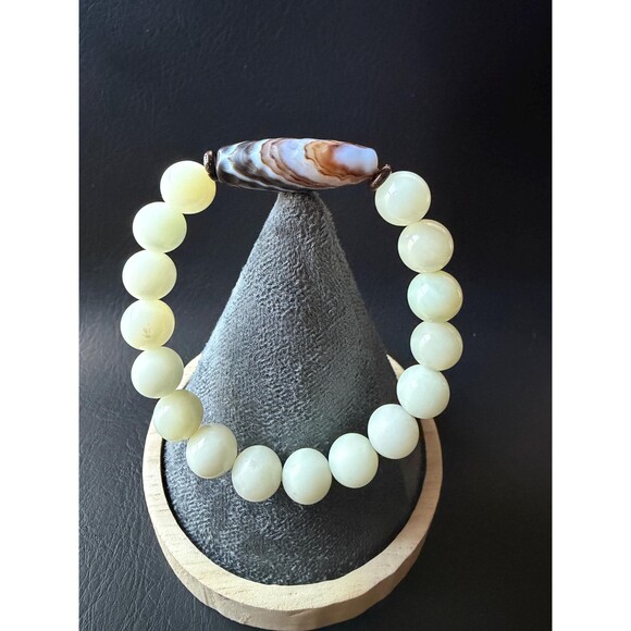 Handmade Jewelry - White Jade Natural Agate Dzi shape Bracelet Natural Gemstone Round Bead Bracelet